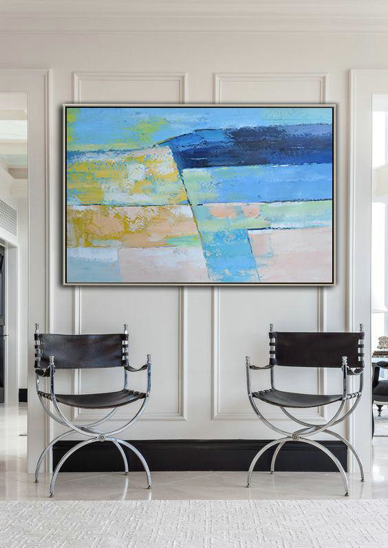 Hand Painted Extra Large Abstract Painting,Oversized Horizontal Contemporary Art,Original Abstract Painting Canvas Art,Blue,Dark Blue,Yellow,Nude.etc